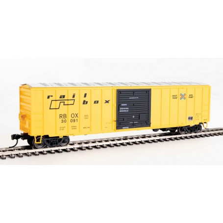 Walthers Mainline (HO) 50' ACF Exterior Post Boxcar -- Railbox (yellow, Black Door, Small Logo, Slogan