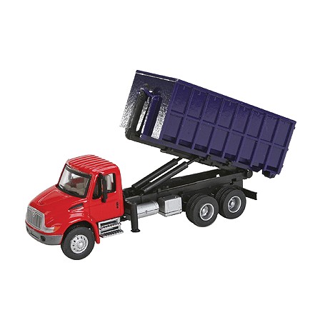 Walthers SceneMaster 11630 (HO) International® 4300 Dual-Axle Dumpster Carrier Truck - Red Cab, Blue Dumpster