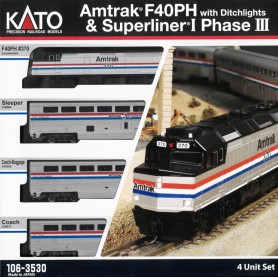 KATO 106-3530-1 (N) Amtrak F40PH & Superliner Phase III 4-Unit Set w. Interior Lighting