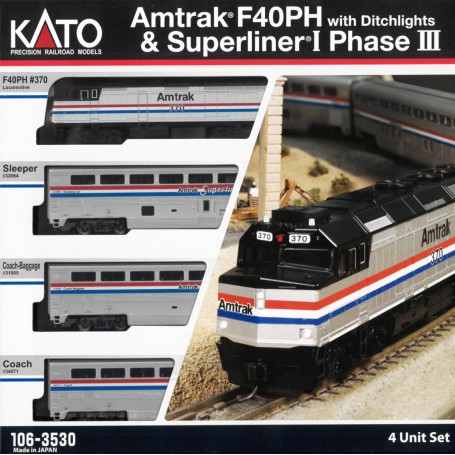 KATO 106-3530-1 (N) Amtrak F40PH & Superliner Phase III 4-Unit Set w. Interior Lighting