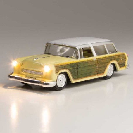 Woodland Scenics JP5599 (HO) Station Wagon - Just Plug® Lighted Vehicle -- Yellow with Wood Sides